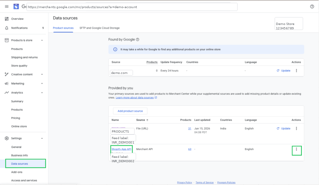 Google Merchant Center Settings and Data sources page