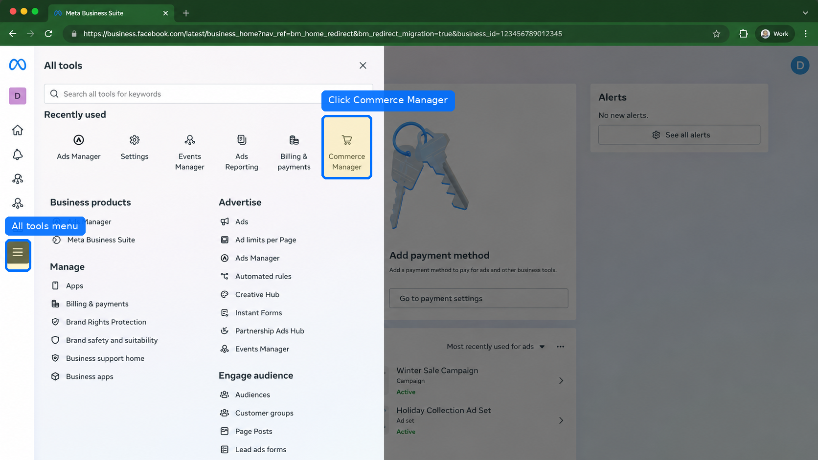 Open Commerce Manager from Meta Business Suite All tools menu