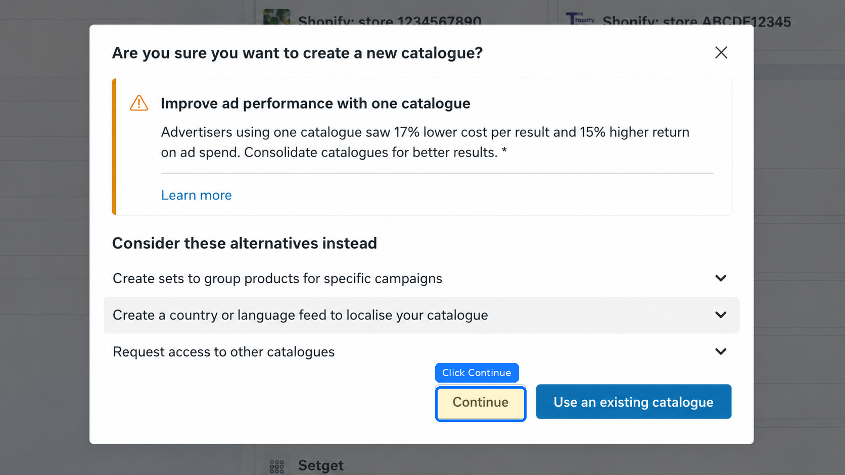 Continue past Meta suggestion to create a new catalogue