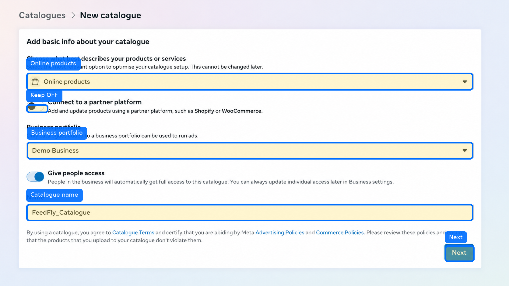 Catalogue setup — online products and business portfolio