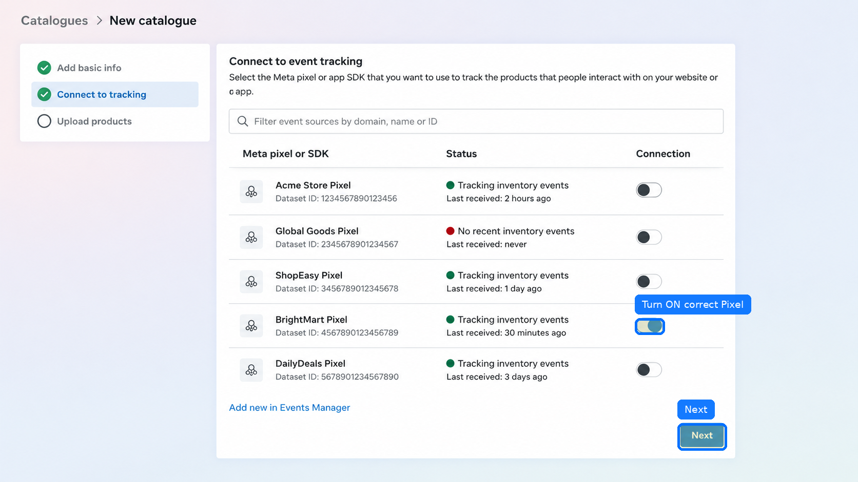 Connect Pixel or Dataset to the catalogue