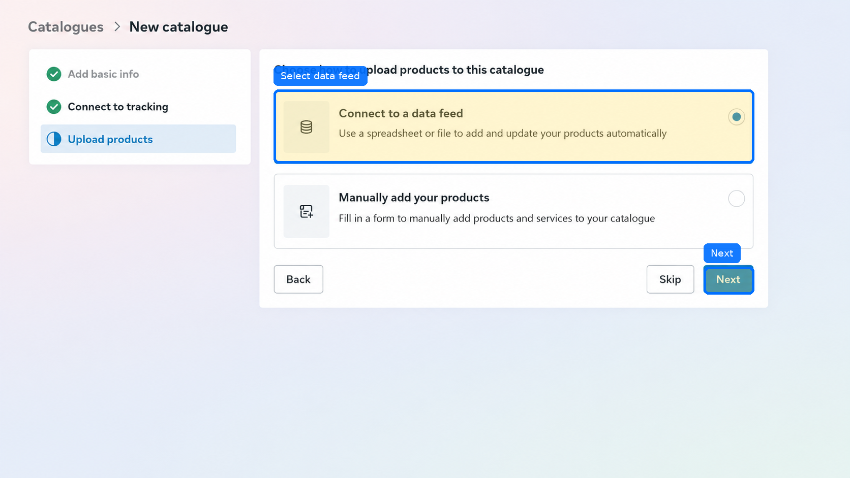 Select connect to a data feed upload method