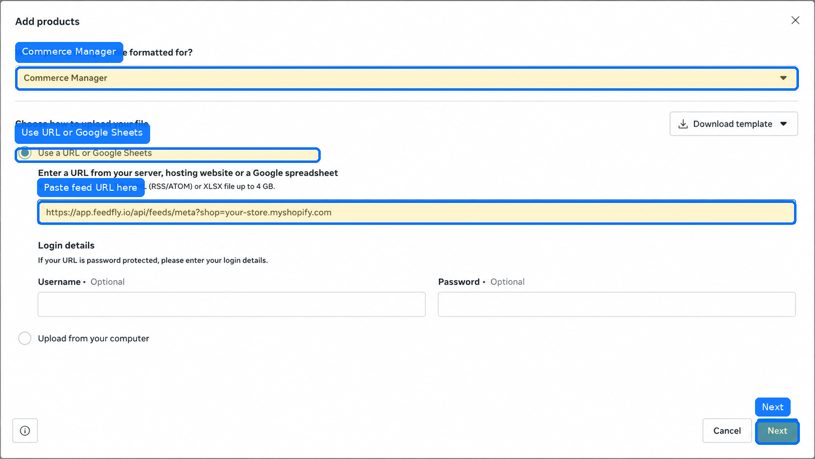 Paste Feedfly Meta feed URL in Commerce Manager