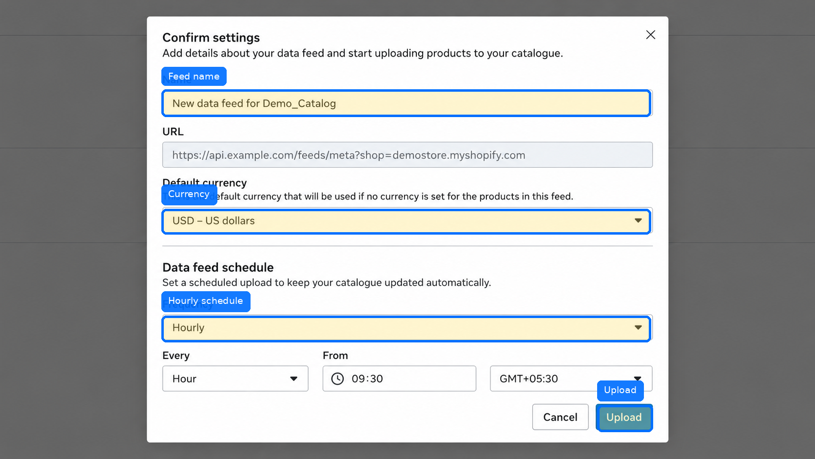 Confirm feed name, currency, and schedule before upload