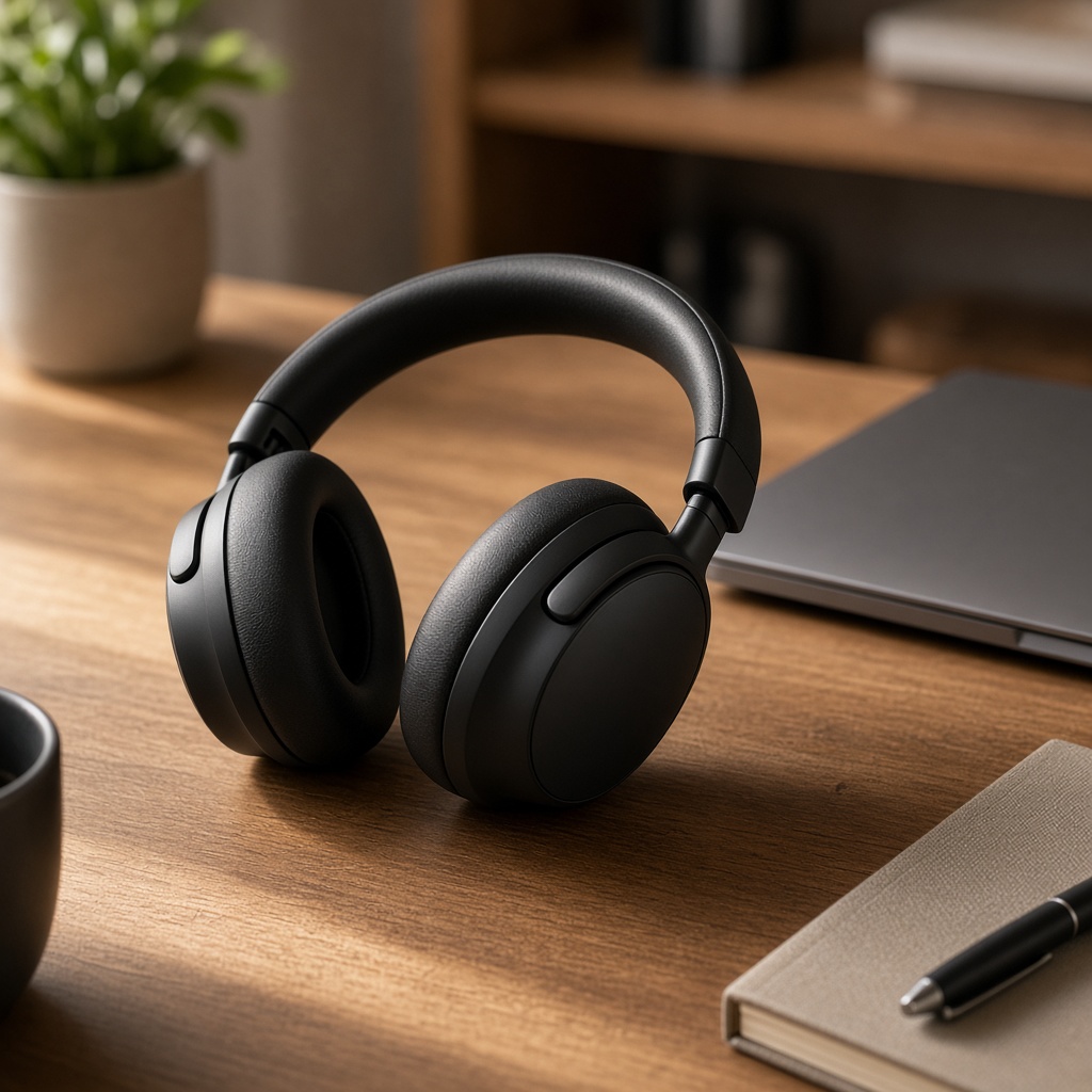 Catalog creative variant B of wireless headphones on a desk